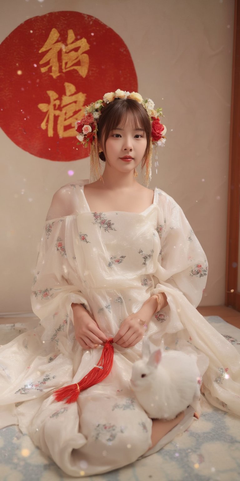 A young woman in a beautiful white kimono sits on a soft, patterned fabric. She is adorned with delicate floral hair ornaments and a red tassel hangs from her waist. Her expression is serene and elegant, her gaze directed towards the viewer. A white rabbit sits beside her, adding a touch of innocence and charm to the scene. The background features a large red circle and a traditional Chinese character, creating a sense of cultural richness and mystique. [Photorealistic portrait, inspired by the works of Annie Leibovitz and Steve McCurry], [Soft, natural light, focus on the woman's face and her elegant pose, blurred background with a sense of depth, textured surfaces, a sense of cultural heritage and beauty], Hanfu, KOLNB, Ahri,Auguste Renoir ~ Paul Peel ~ John Singer Sargent ~ Alexandre-Jacques Chantron ~ John William Godward ~ John William Waterhouse ~ Han-Wu Shen ~ Ishitaka Amano ~ Chakrapan Posayakrit ~ Kim Jung Gi ~ Kei Mieno ~ Ikushima Hiroshi ~ WLOP ~ William-Adolphe Bouguereau ~ Alphonse Mucha ~Luis Royo ~ Range Murata ~ Jock Sturges photography ~ David Hamillton photography,sparkles,,surreal