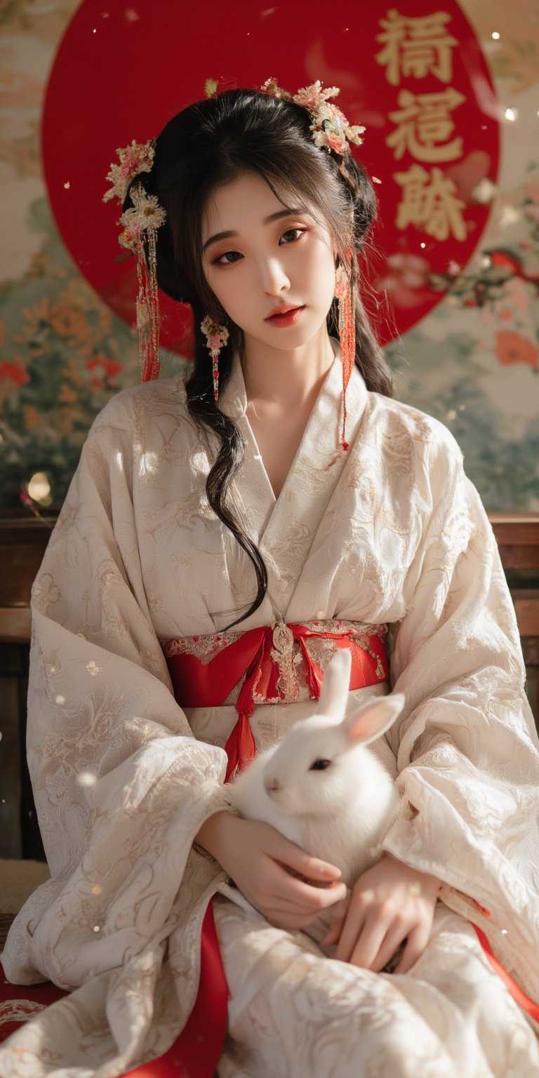 A young woman in a beautiful white kimono sits on a soft, patterned fabric. She is adorned with delicate floral hair ornaments and a red tassel hangs from her waist. Her expression is serene and elegant, her gaze directed towards the viewer. A white rabbit sits beside her, adding a touch of innocence and charm to the scene. The background features a large red circle and a traditional Chinese character, creating a sense of cultural richness and mystique. [Photorealistic portrait, inspired by the works of Annie Leibovitz and Steve McCurry], [Soft, natural light, focus on the woman's face and her elegant pose, blurred background with a sense of depth, textured surfaces, a sense of cultural heritage and beauty], Hanfu, KOLNB, Ahri,Auguste Renoir ~ Paul Peel ~ John Singer Sargent ~ Alexandre-Jacques Chantron ~ John William Godward ~ John William Waterhouse ~ Han-Wu Shen ~ Ishitaka Amano ~ Chakrapan Posayakrit ~ Kim Jung Gi ~ Kei Mieno ~ Ikushima Hiroshi ~ WLOP ~ William-Adolphe Bouguereau ~ Alphonse Mucha ~Luis Royo ~ Range Murata ~ Jock Sturges photography ~ David Hamillton photography,sparkles,,surreal