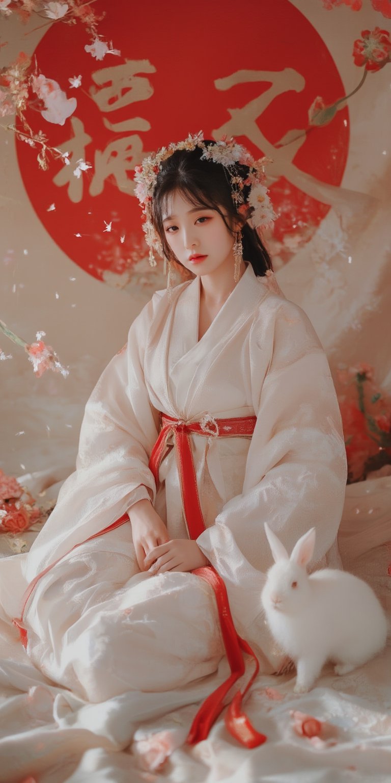 A young woman in a beautiful white kimono sits on a soft, patterned fabric. She is adorned with delicate floral hair ornaments and a red tassel hangs from her waist. Her expression is serene and elegant, her gaze directed towards the viewer. A white rabbit sits beside her, adding a touch of innocence and charm to the scene. The background features a large red circle and a traditional Chinese character, creating a sense of cultural richness and mystique. [Photorealistic portrait, inspired by the works of Annie Leibovitz and Steve McCurry], [Soft, natural light, focus on the woman's face and her elegant pose, blurred background with a sense of depth, textured surfaces, a sense of cultural heritage and beauty], Hanfu, KOLNB, Ahri,Auguste Renoir ~ Paul Peel ~ John Singer Sargent ~ Alexandre-Jacques Chantron ~ John William Godward ~ John William Waterhouse ~ Han-Wu Shen ~ Ishitaka Amano ~ Chakrapan Posayakrit ~ Kim Jung Gi ~ Kei Mieno ~ Ikushima Hiroshi ~ WLOP ~ William-Adolphe Bouguereau ~ Alphonse Mucha ~Luis Royo ~ Range Murata ~ Jock Sturges photography ~ David Hamillton photography,sparkles,,surreal