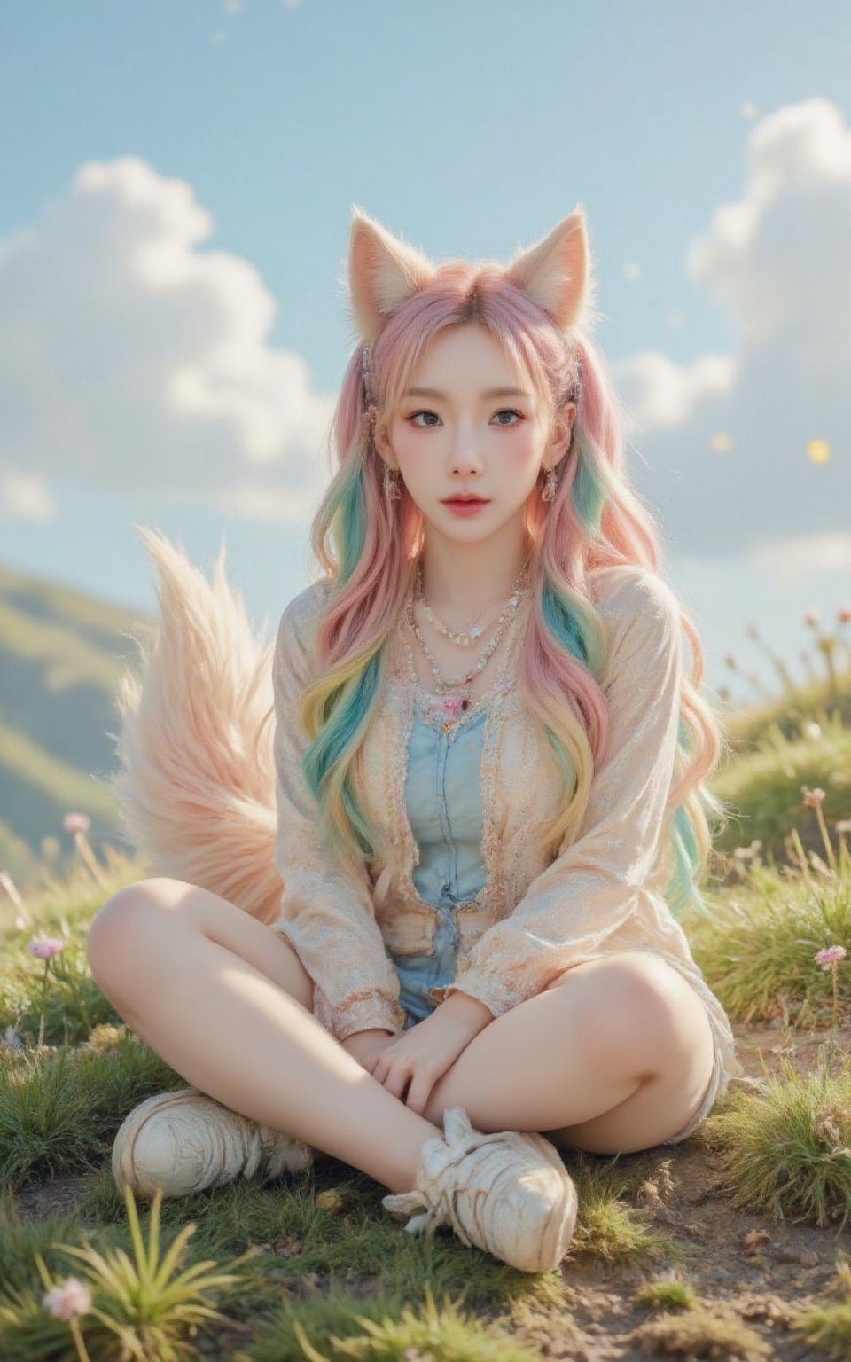 A  bright-eyed girl with vibrant rainbow-colored twin tails styled in loose, flowing waves. Her ears are adorned with delicate fox-shaped earpieces, complete with fluffy fur details.  Fox-tailS wraps around her waist, its soft fur catching the warm light of a sunny day. She sits cross-legged on a grassy hillside, surrounded by wildflowers and a backdrop of fluffy white clouds and rianbows.