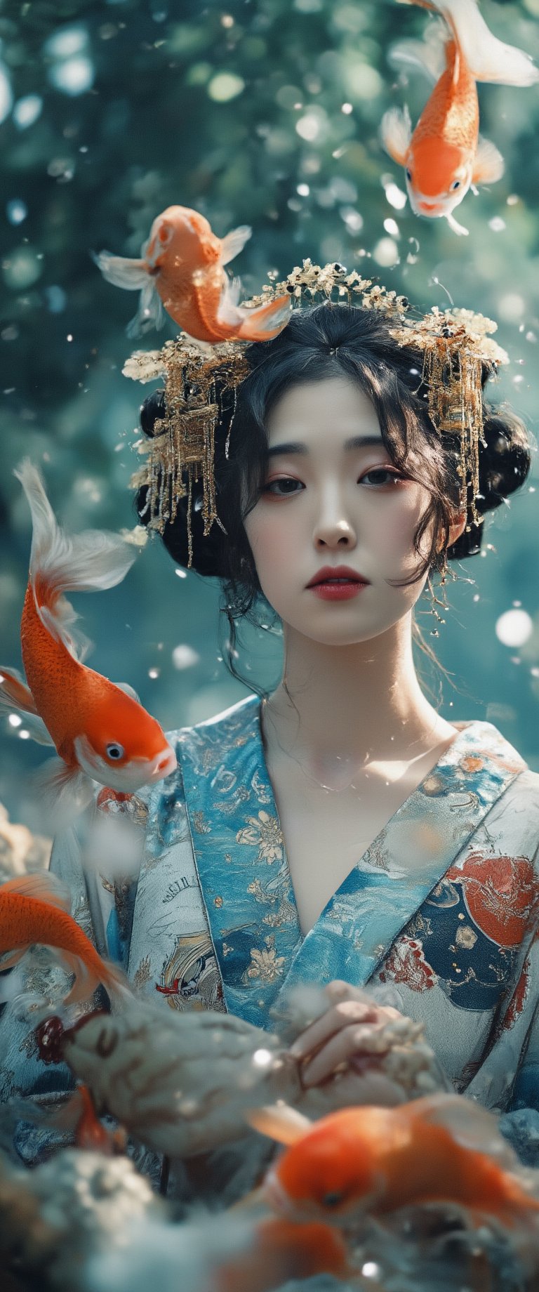 Photo, realistic, light refraction, llngsh AND 1920s geisha, face, brunette, kimono goldfish look like they are swimming in the air, deep blue and light blue gradation, very beautiful, cool feeling piece,  