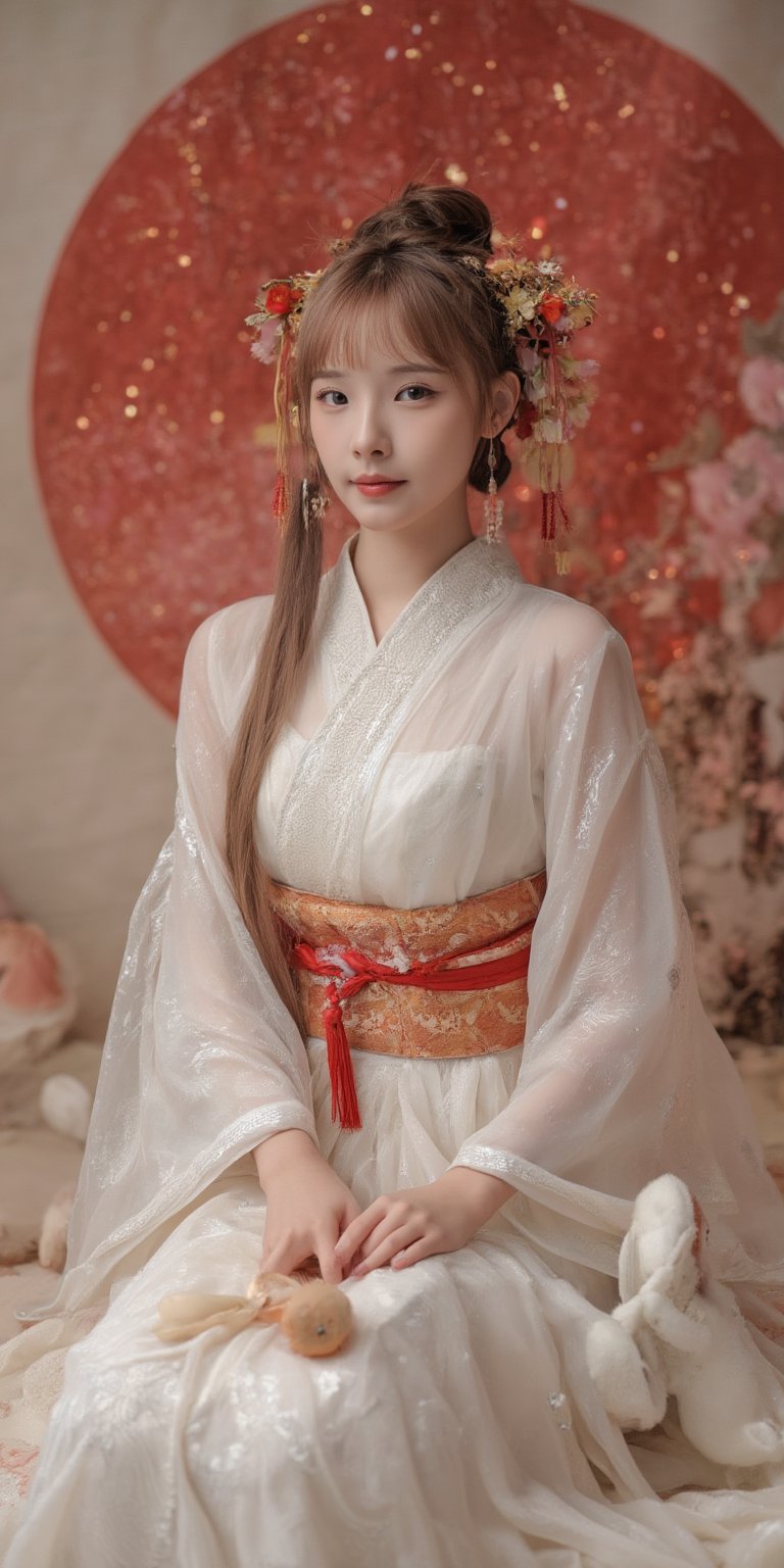 A young woman in a beautiful white kimono sits on a soft, patterned fabric. She is adorned with delicate floral hair ornaments and a red tassel hangs from her waist. Her expression is serene and elegant, her gaze directed towards the viewer. A white rabbit sits beside her, adding a touch of innocence and charm to the scene. The background features a large red circle and a traditional Chinese character, creating a sense of cultural richness and mystique. [Photorealistic portrait, inspired by the works of Annie Leibovitz and Steve McCurry], [Soft, natural light, focus on the woman's face and her elegant pose, blurred background with a sense of depth, textured surfaces, a sense of cultural heritage and beauty], Hanfu, KOLNB, Ahri,Auguste Renoir ~ Paul Peel ~ John Singer Sargent ~ Alexandre-Jacques Chantron ~ John William Godward ~ John William Waterhouse ~ Han-Wu Shen ~ Ishitaka Amano ~ Chakrapan Posayakrit ~ Kim Jung Gi ~ Kei Mieno ~ Ikushima Hiroshi ~ WLOP ~ William-Adolphe Bouguereau ~ Alphonse Mucha ~Luis Royo ~ Range Murata ~ Jock Sturges photography ~ David Hamillton photography,sparkles,,surreal