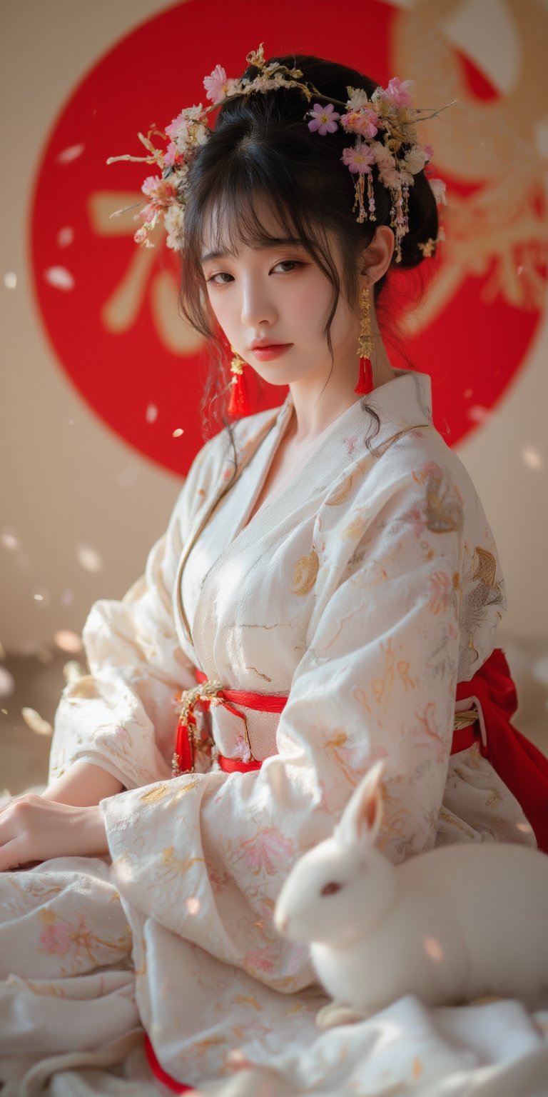 A young woman in a beautiful white kimono sits on a soft, patterned fabric. She is adorned with delicate floral hair ornaments and a red tassel hangs from her waist. Her expression is serene and elegant, her gaze directed towards the viewer. A white rabbit sits beside her, adding a touch of innocence and charm to the scene. The background features a large red circle and a traditional Chinese character, creating a sense of cultural richness and mystique. [Photorealistic portrait, inspired by the works of Annie Leibovitz and Steve McCurry], [Soft, natural light, focus on the woman's face and her elegant pose, blurred background with a sense of depth, textured surfaces, a sense of cultural heritage and beauty], Hanfu, KOLNB, Ahri,Auguste Renoir ~ Paul Peel ~ John Singer Sargent ~ Alexandre-Jacques Chantron ~ John William Godward ~ John William Waterhouse ~ Han-Wu Shen ~ Ishitaka Amano ~ Chakrapan Posayakrit ~ Kim Jung Gi ~ Kei Mieno ~ Ikushima Hiroshi ~ WLOP ~ William-Adolphe Bouguereau ~ Alphonse Mucha ~Luis Royo ~ Range Murata ~ Jock Sturges photography ~ David Hamillton photography,sparkles,,surreal