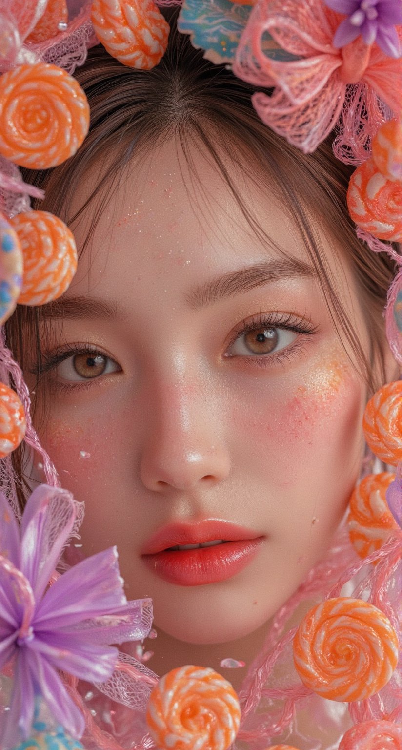 A striking portrait of a young woman with an intense yet sweet gaze. She is surrounded by colorful Lacasito candies in a dreamy setting. The color palette features pastel shades of orange and purple, creating a whimsical and surreal atmosphere. The woman's expression conveys a blend of warmth and intrigue, while the candies add a playful and vibrant touch to the composition.
