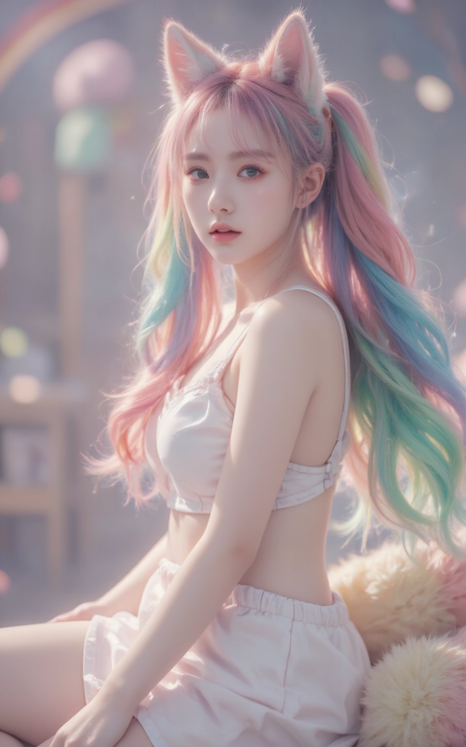 A girl with rainbow-colored twintails and foxears and fox tails. Pink eyeshadow 