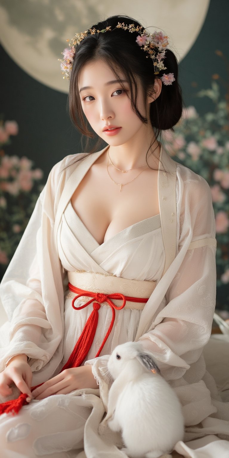 A young woman in a beautiful white hanfu sits on a soft, patterned fabric. She is adorned with delicate floral hair ornaments and a red tassel hangs from her waist. Her expression is serene and elegant, her gaze directed towards the viewer. A white rabbit sits beside her, adding a touch of innocence and charm to the scene. The background features a large moon, creating a sense of cultural richness and mystique. 