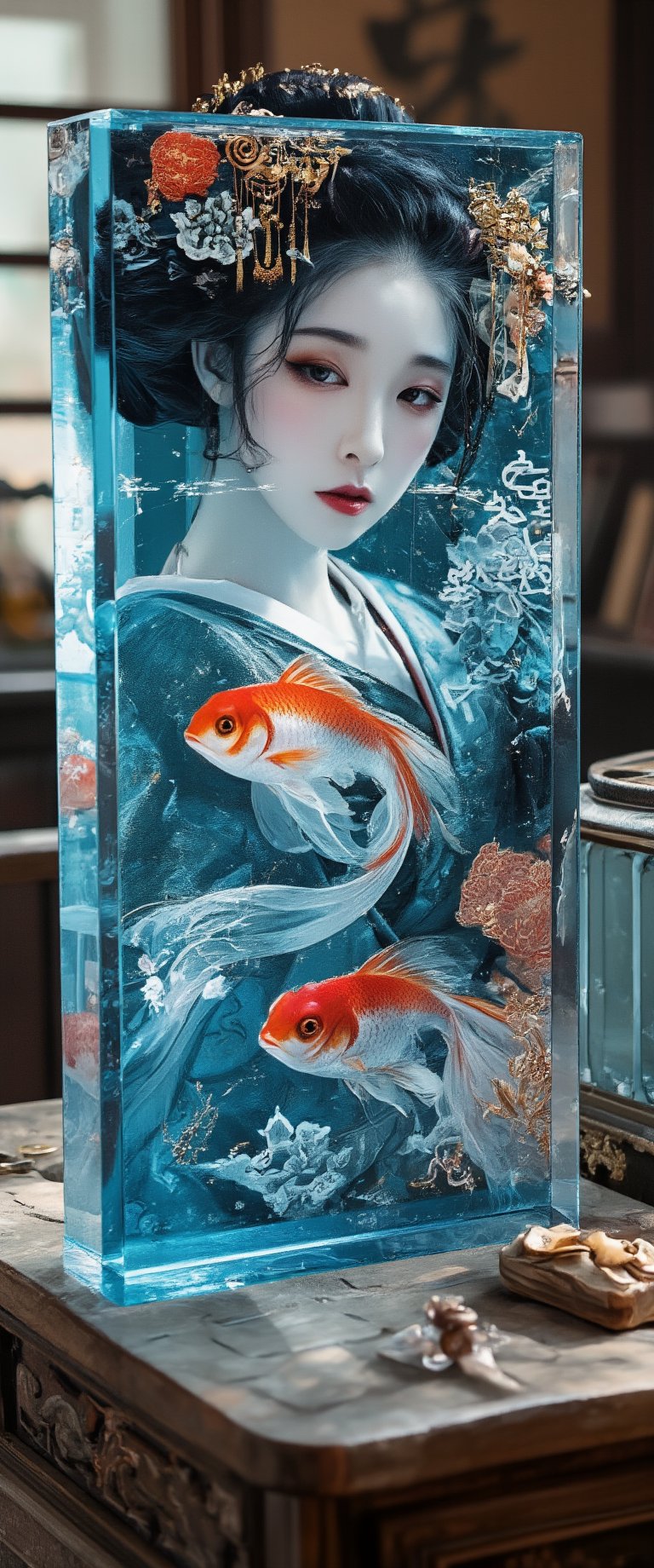 Photo, realistic, light refraction, ((acrylic with goldfish illustration embedded in desk)),  llngsh AND 1920s geisha, face, brunette, kimono goldfish look like they are swimming in Chinese letter panterns that spell ni hao, deep blue and light blue gradation, very beautiful, cool feeling piece,  