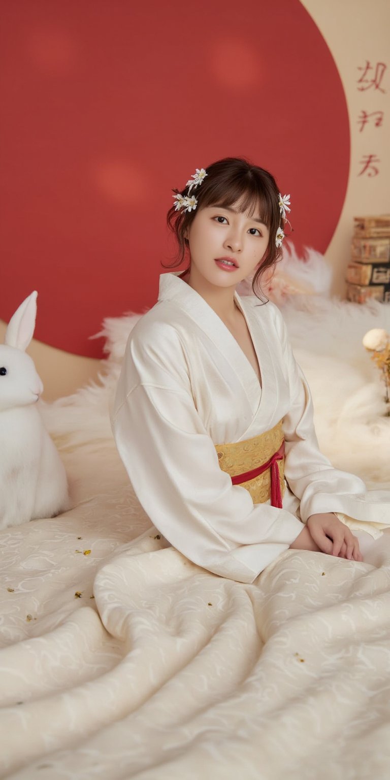 A young woman in a beautiful white kimono sits on a soft, patterned fabric. She is adorned with delicate floral hair ornaments and a red tassel hangs from her waist. Her expression is serene and elegant, her gaze directed towards the viewer. A white rabbit sits beside her, adding a touch of innocence and charm to the scene. The background features a large red circle and a traditional Chinese character, creating a sense of cultural richness and mystique. [Photorealistic portrait, inspired by the works of Annie Leibovitz and Steve McCurry], [Soft, natural light, focus on the woman's face and her elegant pose, blurred background with a sense of depth, textured surfaces, a sense of cultural heritage and beauty], Hanfu, KOLNB, Ahri,Auguste Renoir ~ Paul Peel ~ John Singer Sargent ~ Alexandre-Jacques Chantron ~ John William Godward ~ John William Waterhouse ~ Han-Wu Shen ~ Ishitaka Amano ~ Chakrapan Posayakrit ~ Kim Jung Gi ~ Kei Mieno ~ Ikushima Hiroshi ~ WLOP ~ William-Adolphe Bouguereau ~ Alphonse Mucha ~Luis Royo ~ Range Murata ~ Jock Sturges photography ~ David Hamillton photography,sparkles,,surreal