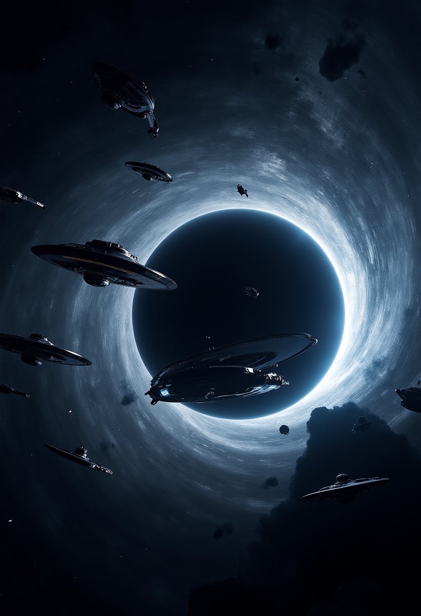 ultrarealistic ufo starship fleet flying in realistic black hole vortex8k resolution,sharp focus,