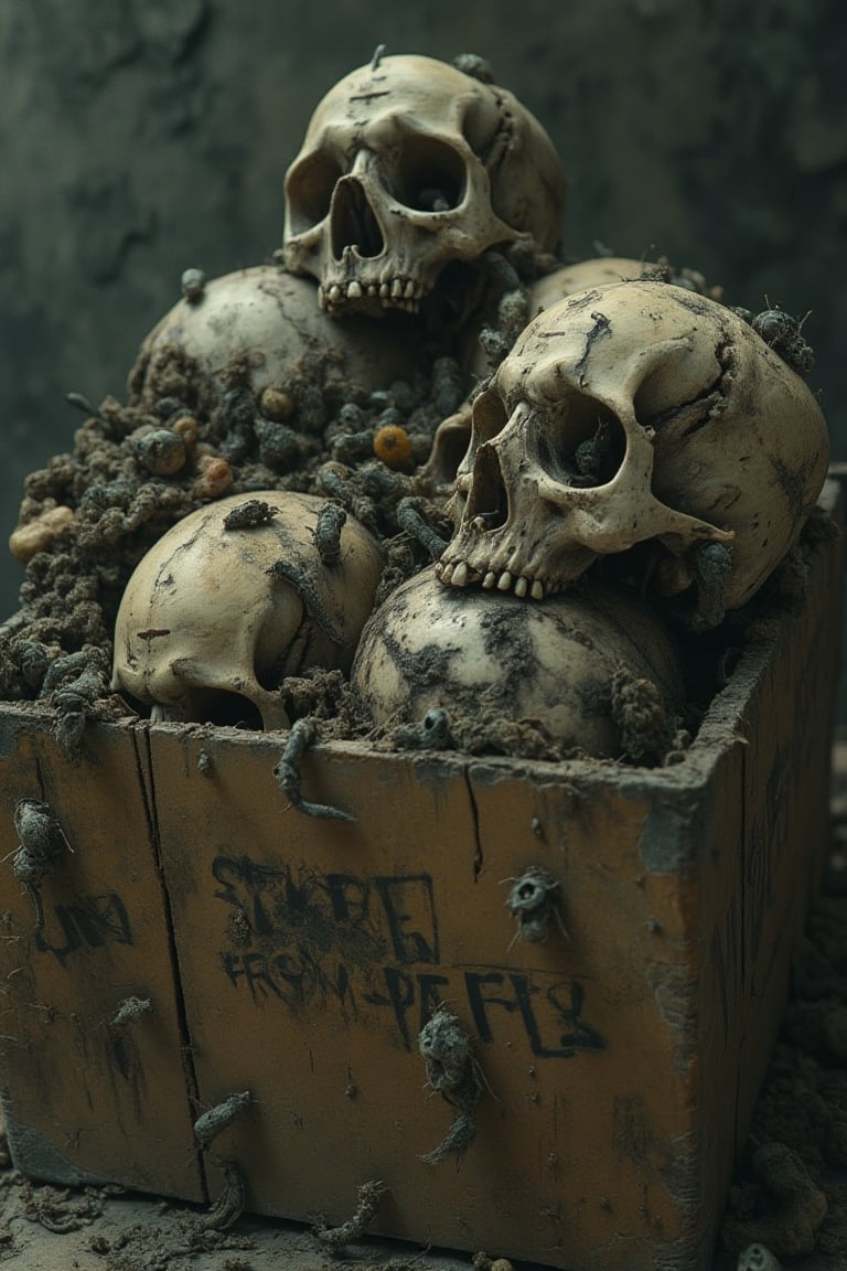 masterpiece, 8k, HDR, 3 D, best quality, photography, analog style, real life, extremely beautiful, (highly detailed, intricately detailed), An image of a crate with different skulls, with different insects crawling on them, worms, flies, larvae, putrid brown-grey background, sharp, perfect composition


Skeletons From Abyss,
The box says "Spare parts"