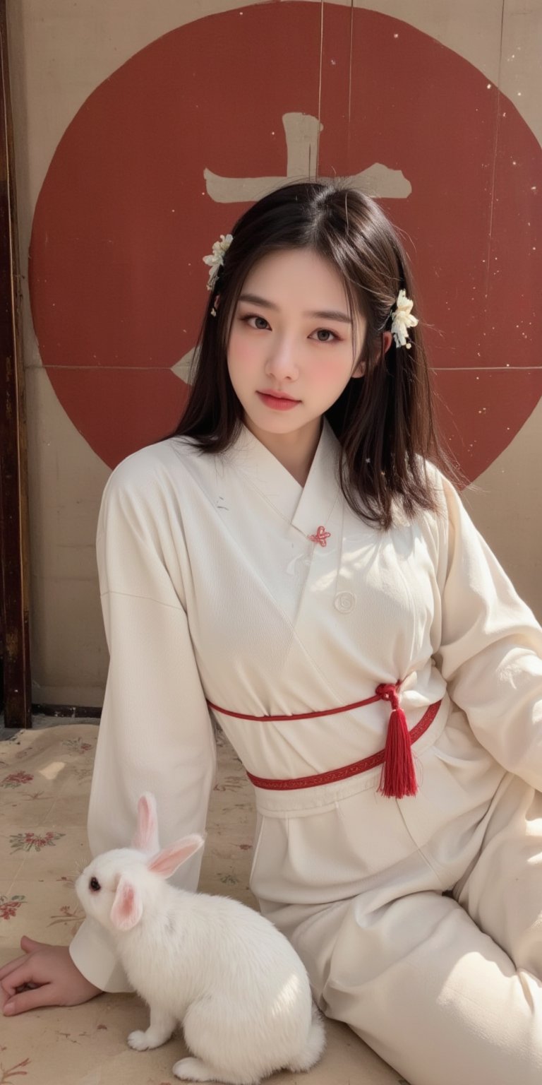 A young woman in a beautiful white kimono sits on a soft, patterned fabric. She is adorned with delicate floral hair ornaments and a red tassel hangs from her waist. Her expression is serene and elegant, her gaze directed towards the viewer. A white rabbit sits beside her, adding a touch of innocence and charm to the scene. The background features a large red circle and a traditional Chinese character, creating a sense of cultural richness and mystique. [Photorealistic portrait, inspired by the works of Annie Leibovitz and Steve McCurry], [Soft, natural light, focus on the woman's face and her elegant pose, blurred background with a sense of depth, textured surfaces, a sense of cultural heritage and beauty], Hanfu, KOLNB, Ahri,Auguste Renoir ~ Paul Peel ~ John Singer Sargent ~ Alexandre-Jacques Chantron ~ John William Godward ~ John William Waterhouse ~ Han-Wu Shen ~ Ishitaka Amano ~ Chakrapan Posayakrit ~ Kim Jung Gi ~ Kei Mieno ~ Ikushima Hiroshi ~ WLOP ~ William-Adolphe Bouguereau ~ Alphonse Mucha ~Luis Royo ~ Range Murata ~ Jock Sturges photography ~ David Hamillton photography,sparkles,,surreal