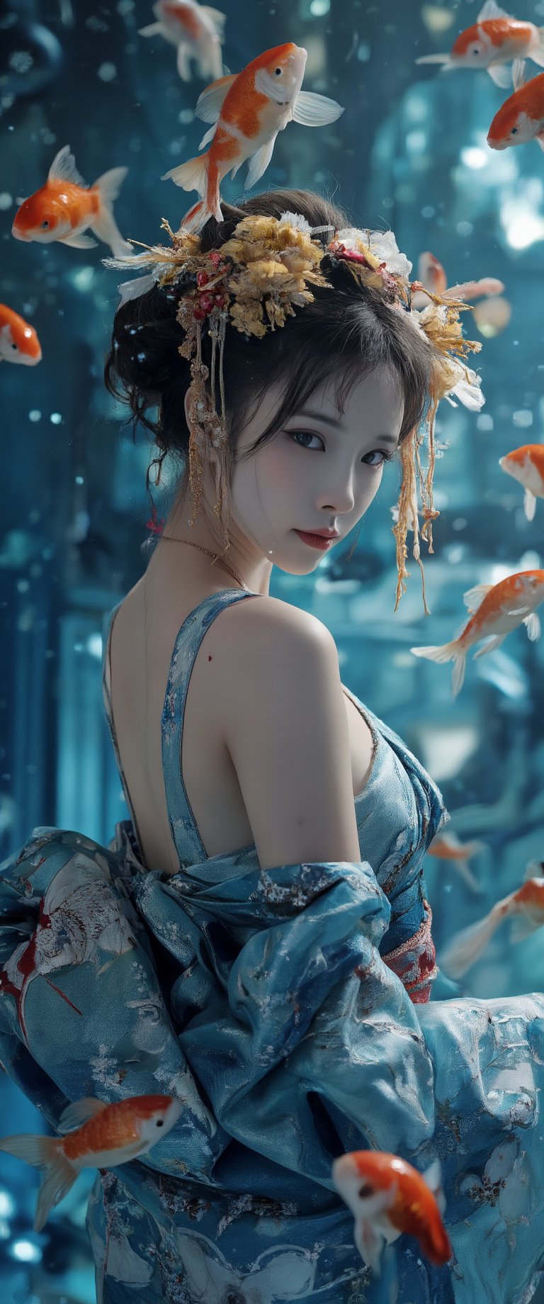 Photo, realistic, light refraction, llngsh AND 1920s geisha, face, brunette, kimono goldfish look like they are swimming in the air, deep blue and light blue gradation, very beautiful, cool feeling piece,  