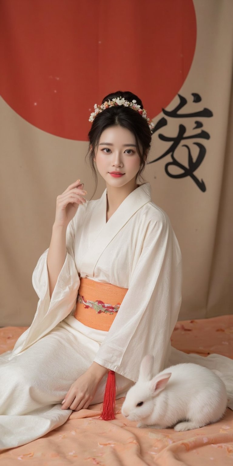 A young woman in a beautiful white kimono sits on a soft, patterned fabric. She is adorned with delicate floral hair ornaments and a red tassel hangs from her waist. Her expression is serene and elegant, her gaze directed towards the viewer. A white rabbit sits beside her, adding a touch of innocence and charm to the scene. The background features a large red circle and a traditional Chinese character, creating a sense of cultural richness and mystique. [Photorealistic portrait, inspired by the works of Annie Leibovitz and Steve McCurry], [Soft, natural light, focus on the woman's face and her elegant pose, blurred background with a sense of depth, textured surfaces, a sense of cultural heritage and beauty], Hanfu, KOLNB, Ahri,Auguste Renoir ~ Paul Peel ~ John Singer Sargent ~ Alexandre-Jacques Chantron ~ John William Godward ~ John William Waterhouse ~ Han-Wu Shen ~ Ishitaka Amano ~ Chakrapan Posayakrit ~ Kim Jung Gi ~ Kei Mieno ~ Ikushima Hiroshi ~ WLOP ~ William-Adolphe Bouguereau ~ Alphonse Mucha ~Luis Royo ~ Range Murata ~ Jock Sturges photography ~ David Hamillton photography,sparkles,,surreal