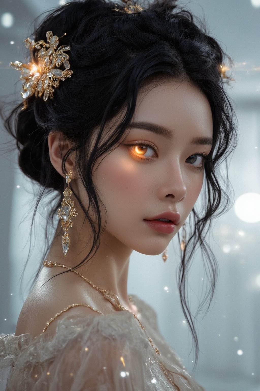 close,  woman with glowing eyes and hair in white gold jewelry, light painting, futuristic digital, realistic sci-fi, lights, gold filigree, diamond, ethereal, misty, holographic, white sky on background,glitter,black hair