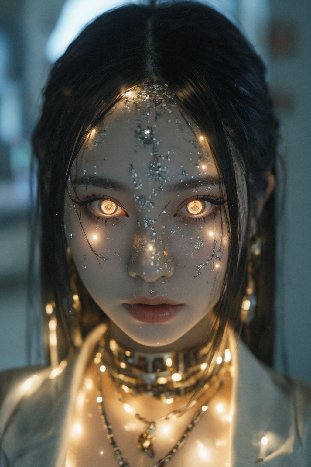 close,  woman with glowing eyes and hair in white gold jewelry, light painting, futuristic digital, realistic sci-fi, lights, gold filigree, diamond, ethereal, misty, holographic, white sky on background,glitter,black hair