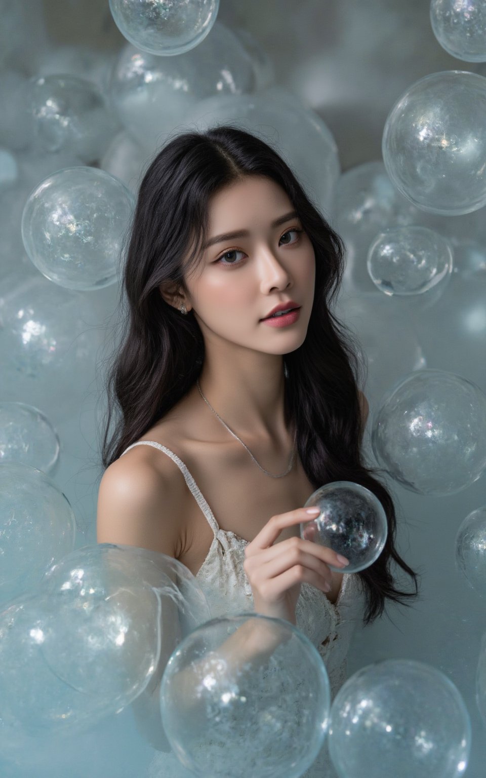 A stunning female model with an enhanced bust size poses provocatively amidst a whimsical setting, surrounded by ethereal water orbs that seem to defy gravity. Soft focus and gentle lighting envelop her refined facial structure and luscious locks, drawing attention to her captivating gaze. The shimmering, translucent spheres create an air of enchantment as she emerges from the sea of floating bubbles.