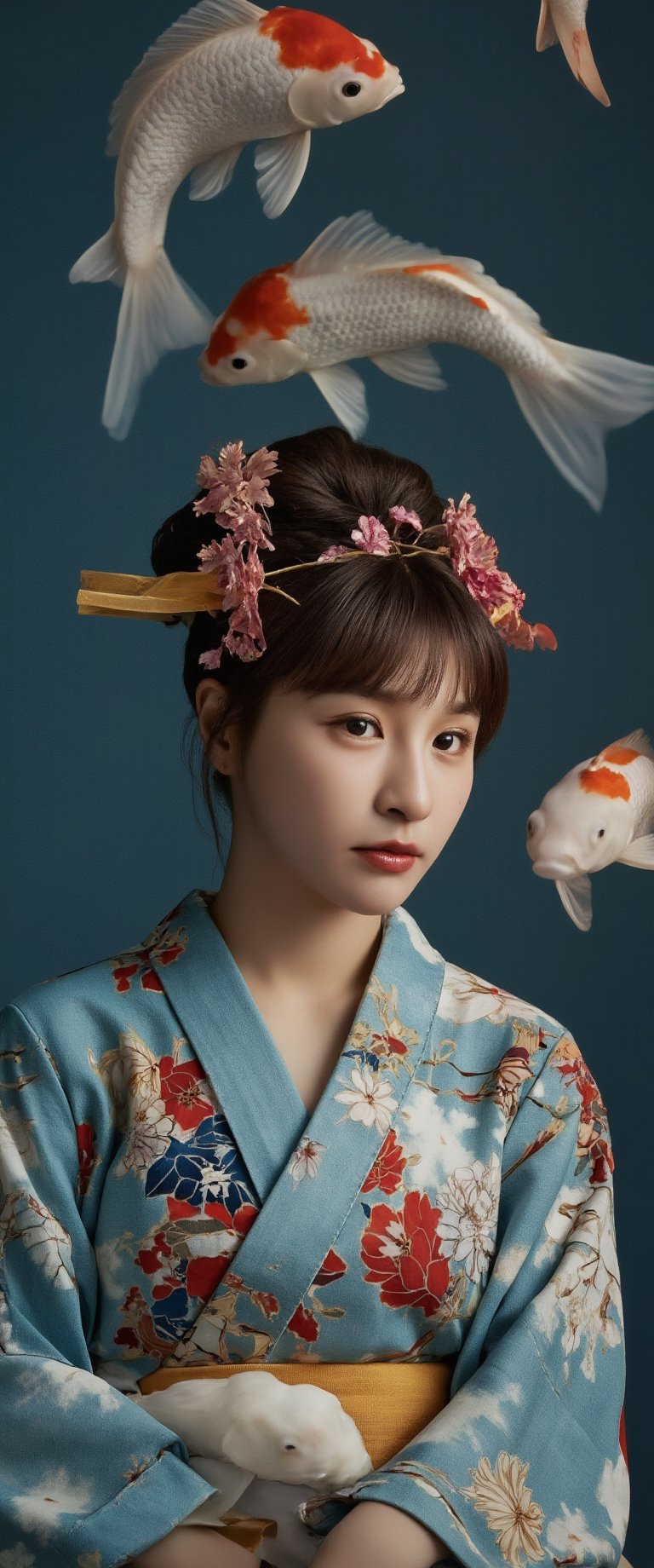 Photo, realistic, light refraction, llngsh AND 1920s geisha, face, brunette, kimono goldfish look like they are swimming in the air, deep blue and light blue gradation, very beautiful, cool feeling piece,  