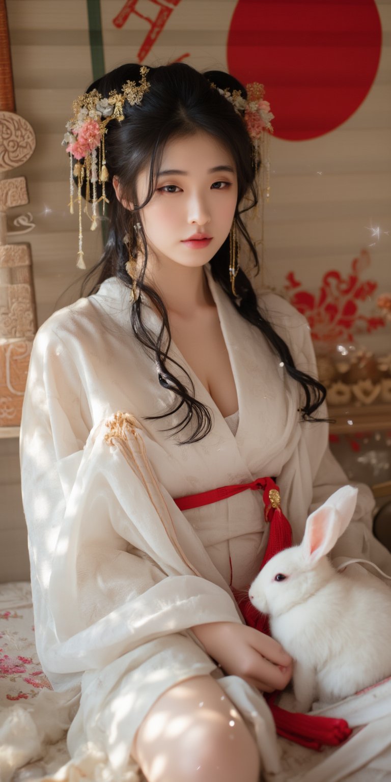 A young woman in a beautiful white kimono sits on a soft, patterned fabric. She is adorned with delicate floral hair ornaments and a red tassel hangs from her waist. Her expression is serene and elegant, her gaze directed towards the viewer. A white rabbit sits beside her, adding a touch of innocence and charm to the scene. The background features a large red circle and a traditional Chinese character, creating a sense of cultural richness and mystique. [Photorealistic portrait, inspired by the works of Annie Leibovitz and Steve McCurry], [Soft, natural light, focus on the woman's face and her elegant pose, blurred background with a sense of depth, textured surfaces, a sense of cultural heritage and beauty], Hanfu, KOLNB, Ahri,Auguste Renoir ~ Paul Peel ~ John Singer Sargent ~ Alexandre-Jacques Chantron ~ John William Godward ~ John William Waterhouse ~ Han-Wu Shen ~ Ishitaka Amano ~ Chakrapan Posayakrit ~ Kim Jung Gi ~ Kei Mieno ~ Ikushima Hiroshi ~ WLOP ~ William-Adolphe Bouguereau ~ Alphonse Mucha ~Luis Royo ~ Range Murata ~ Jock Sturges photography ~ David Hamillton photography,sparkles,,surreal