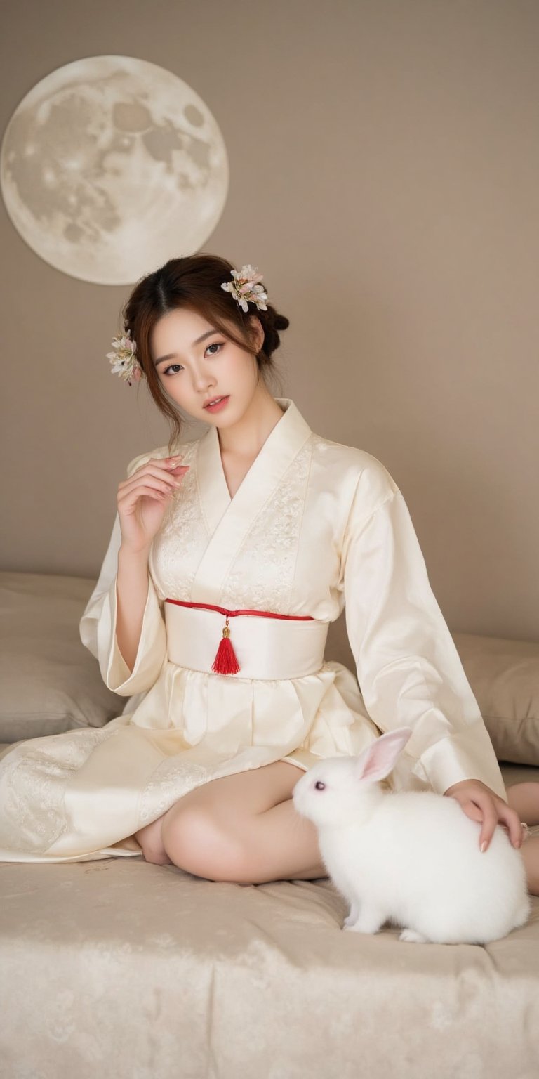 A young woman in a beautiful white hanfu sits on a soft, patterned fabric. She is adorned with delicate floral hair ornaments and a red tassel hangs from her waist. Her expression is serene and elegant, her gaze directed towards the viewer. A white rabbit sits beside her, adding a touch of innocence and charm to the scene. The background features a large moon, creating a sense of cultural richness and mystique. 