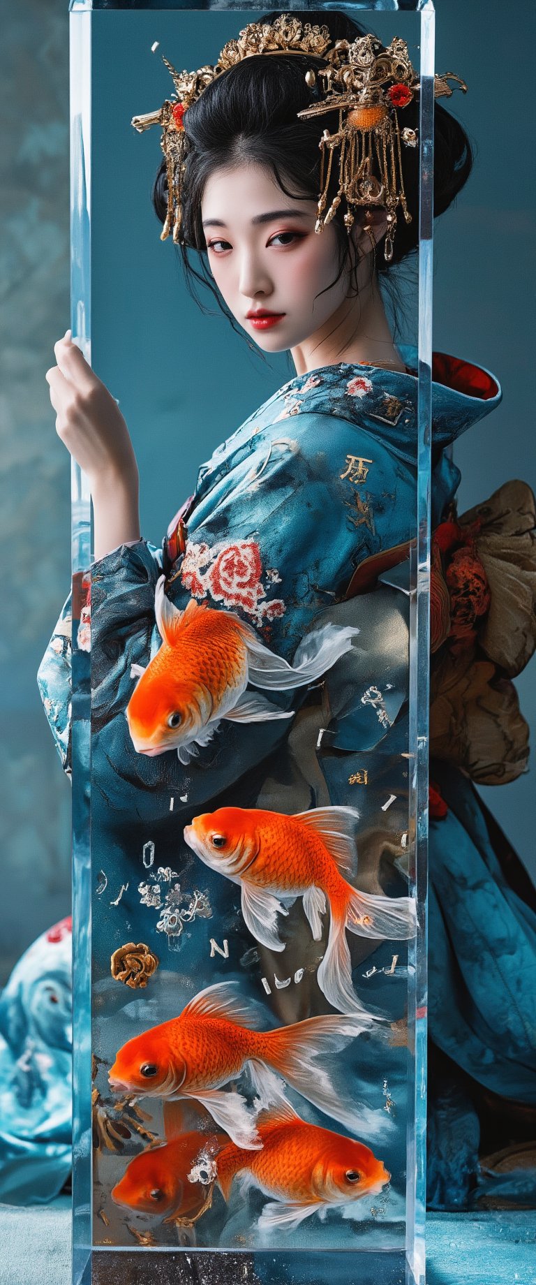 Photo, realistic, light refraction, ((acrylic with goldfish illustration embedded in desk)),  llngsh AND 1920s geisha, face, brunette, kimono goldfish look like they are swimming in Chinese letter panterns that spell ni hao, deep blue and light blue gradation, very beautiful, cool feeling piece,  