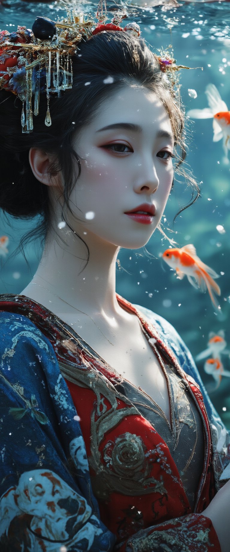 Photo, realistic, light refraction, llngsh AND 1920s geisha, face, brunette, kimono goldfish look like they are swimming in the air, deep blue and light blue gradation, very beautiful, cool feeling piece,  