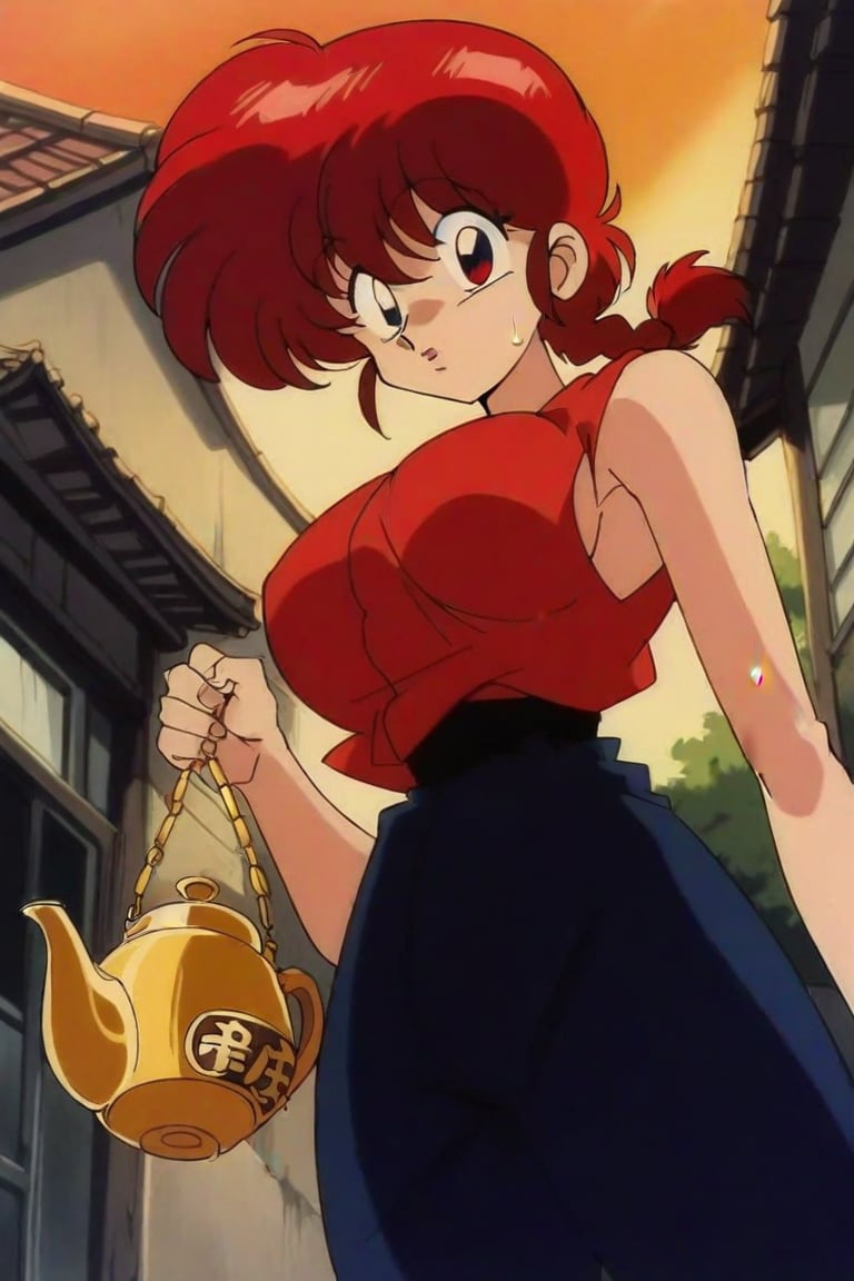 46 LORA Prompt score_9, score_8_up, score_7_up, source_anime, aesthetic, intricate details, 1girl, detailed big eyes, ranma2024_style, anime coloring, retro artstyle, ranma 1/2, ranma-chan, red eyes, (red hair, short braid hair), large breasts, makeup, single braid, red hanfu, red color vest, black long pants, holding a huge golden teapot, standing, wet floor, japan town, street road, outdoors, sunset, looking at viewer, from below, 