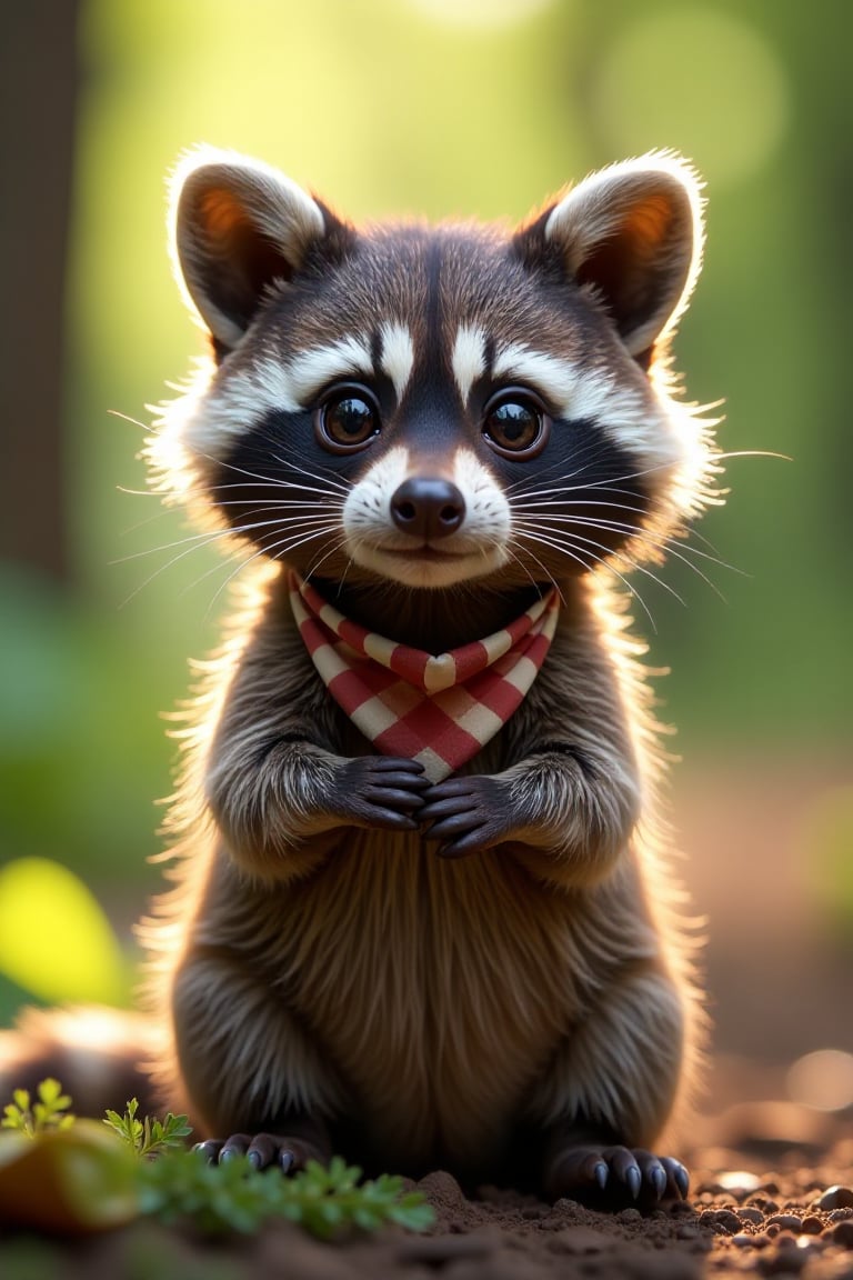 A close-up shot of a cute little raccoon, sitting upright with its paws together, big round eyes looking directly at the viewer. The raccoon has a playful expression, with a slight smile and a bandana around its neck. The background is a soft, warm forest setting with dappled sunlight filtering through the trees. The lighting is natural and bright, highlighting the raccoon's fur texture and the forest's greenery.