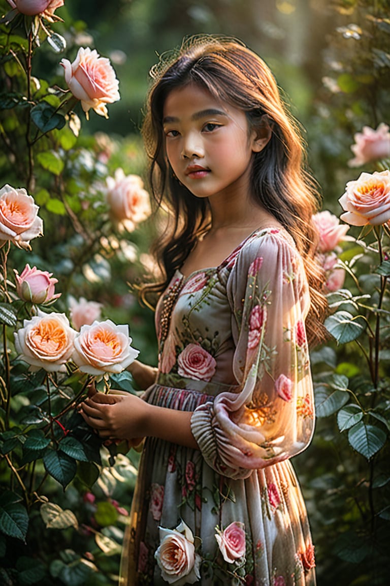 A soft-focused young girl wearing a formal floral long dress cradles a majestic rose in her hands, its delicate petals and velvety texture a gentle whisper against her fingers. The surrounding blooms fade into a dreamy blur, as if the beauty of the rose has stolen the attention from the entire flower garden. Ethereal sunlight filters through the foliage, casting an otherworldly glow on the serene scene.,Indo,MagMix Girl