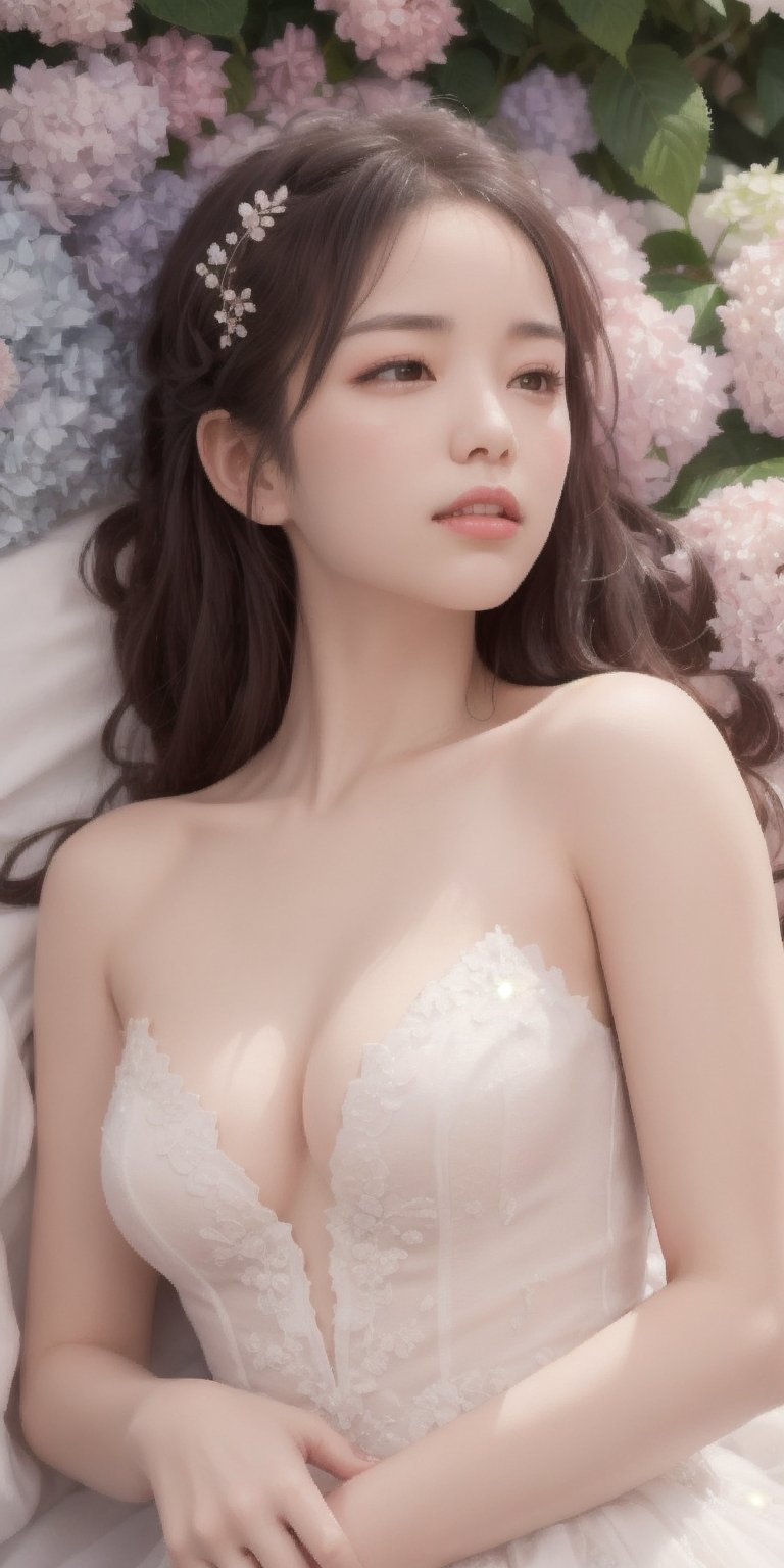 Surrealistic digital painting of a young woman with fair skin, 
White wedding dress, wedding photos,
curly fair hair, delicate facial features, enshrouded in a graceful, light pink fabric, slumbering among a plush hydrangea bed of pink and white blossoms, creating a dreamy, ethereal ambiance, palette consisting largely of pinks, whites, and lilacs, invoking a sense of serenity and tranquility, painterly strokes result in. A soft-focused portrait of a young woman with fair skin and curly brown hair with bangs, her delicate facial features illuminated by the gentle glow of a subtle pink fabric wrap. She slumbers amidst a plush hydrangea bed, where pink and white blossoms gently unfold, creating a dreamy, ethereal ambiance. Brushstrokes whisper whispers of pinks, whites, and lilacs, weaving a tapestry of serenity and tranquility. burlesque,shabby chic, fine art, epic, Boho gypsy, marquise, duchesse, dark fantasy.
White wedding dress, wedding photos,