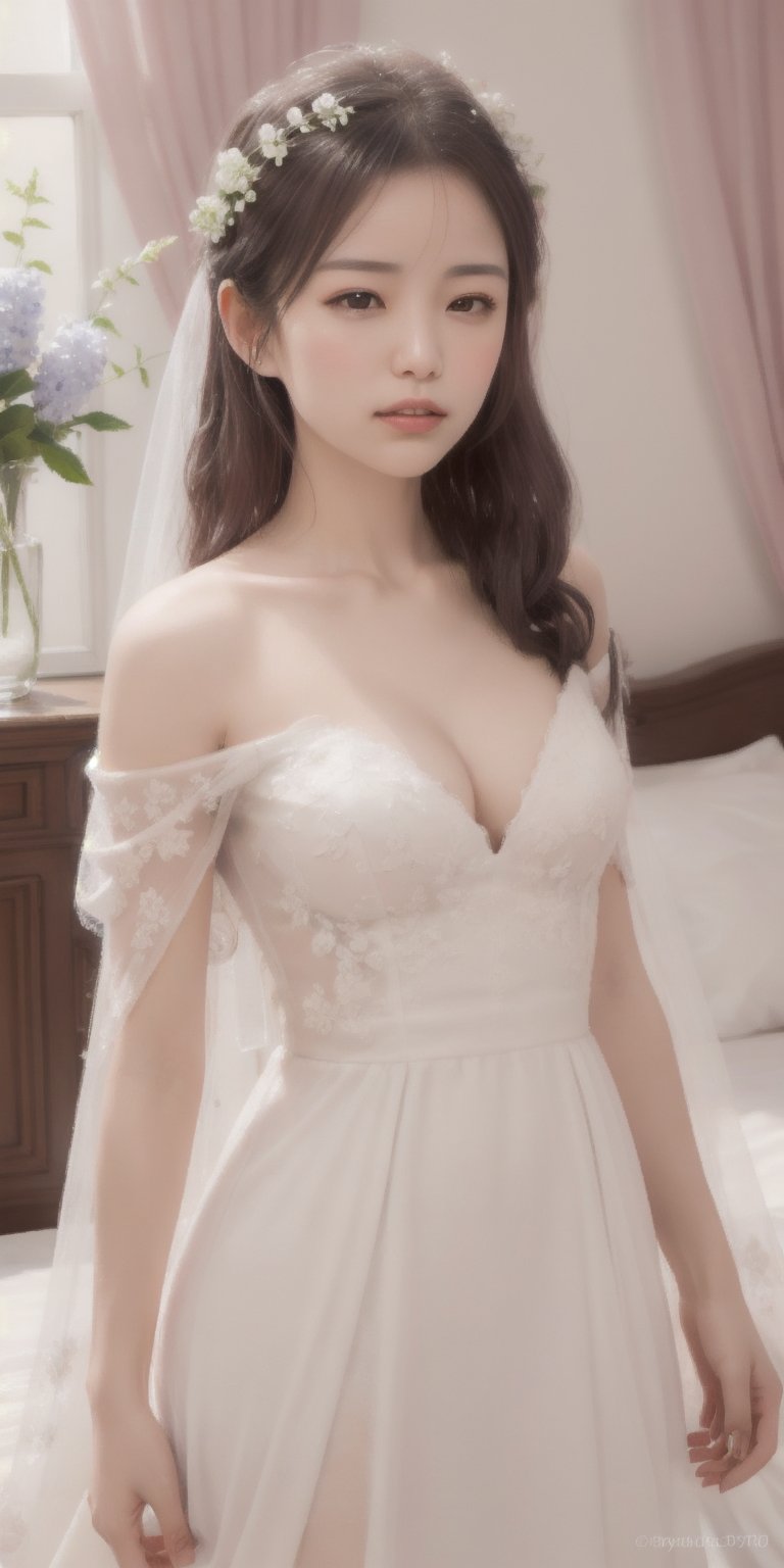 Surrealistic digital painting of a young woman with fair skin, 
White wedding dress, wedding photos,
curly fair hair, delicate facial features, enshrouded in a graceful, light pink fabric, slumbering among a plush hydrangea bed of pink and white blossoms, creating a dreamy, ethereal ambiance, palette consisting largely of pinks, whites, and lilacs, invoking a sense of serenity and tranquility, painterly strokes result in. A soft-focused portrait of a young woman with fair skin and curly brown hair with bangs, her delicate facial features illuminated by the gentle glow of a subtle pink fabric wrap. She slumbers amidst a plush hydrangea bed, where pink and white blossoms gently unfold, creating a dreamy, ethereal ambiance. Brushstrokes whisper whispers of pinks, whites, and lilacs, weaving a tapestry of serenity and tranquility. burlesque,shabby chic, fine art, epic, Boho gypsy, marquise, duchesse, dark fantasy.
White wedding dress, wedding photos,