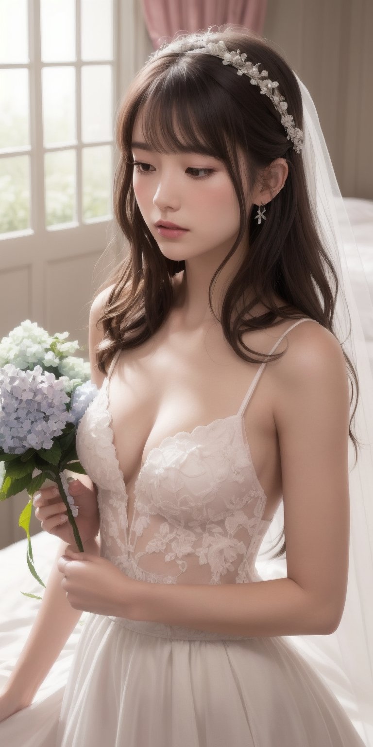 Surrealistic digital painting of a young woman with fair skin, 
White wedding dress, wedding photos,
curly fair hair, delicate facial features, enshrouded in a graceful, light pink fabric, slumbering among a plush hydrangea bed of pink and white blossoms, creating a dreamy, ethereal ambiance, palette consisting largely of pinks, whites, and lilacs, invoking a sense of serenity and tranquility, painterly strokes result in. A soft-focused portrait of a young woman with fair skin and curly brown hair with bangs, her delicate facial features illuminated by the gentle glow of a subtle pink fabric wrap. She slumbers amidst a plush hydrangea bed, where pink and white blossoms gently unfold, creating a dreamy, ethereal ambiance. Brushstrokes whisper whispers of pinks, whites, and lilacs, weaving a tapestry of serenity and tranquility. burlesque,shabby chic, fine art, epic, Boho gypsy, marquise, duchesse, dark fantasy.
White wedding dress, wedding photos,