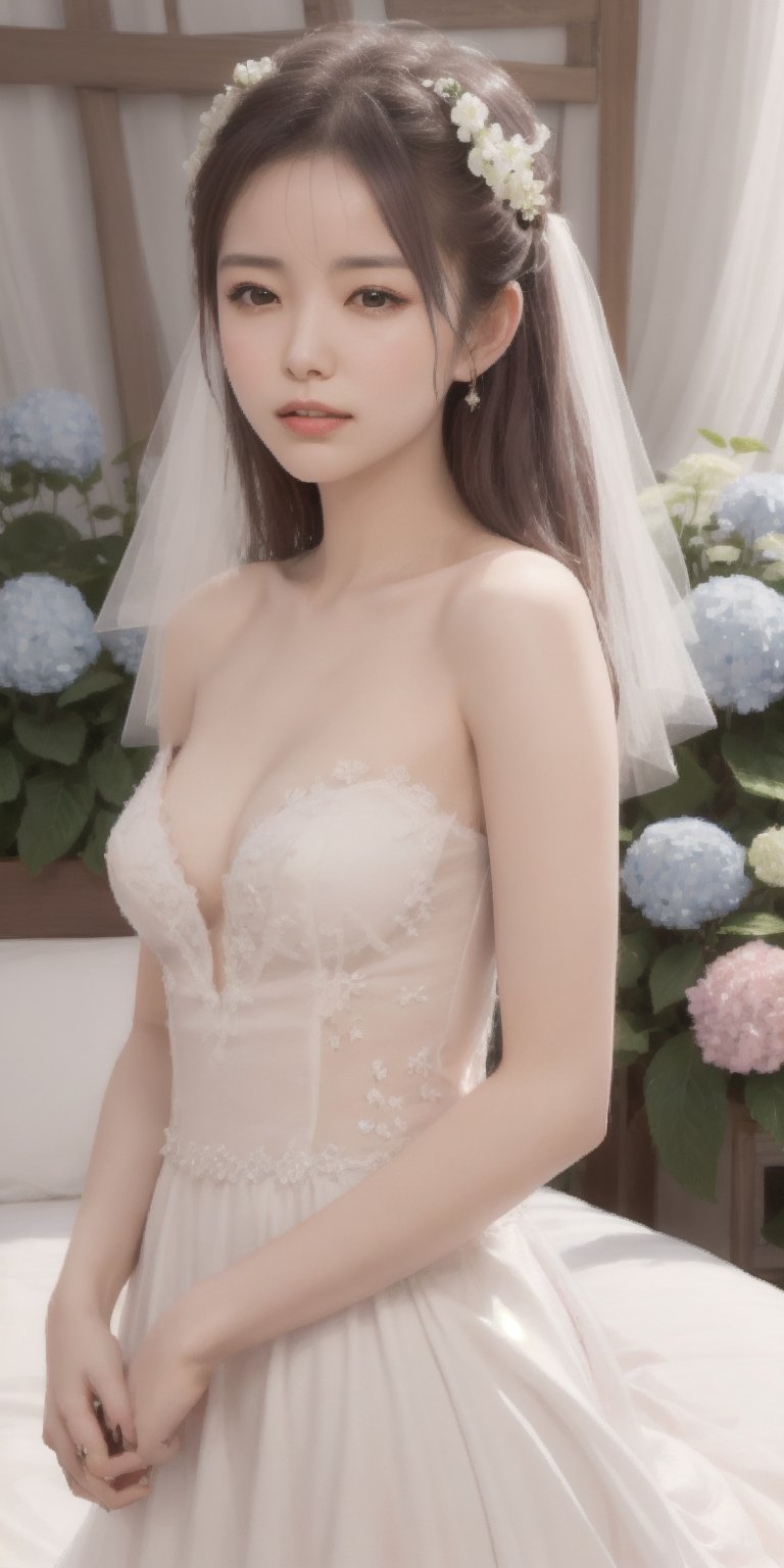 Surrealistic digital painting of a young woman with fair skin, 
White wedding dress, wedding photos,
curly fair hair, delicate facial features, enshrouded in a graceful, light pink fabric, slumbering among a plush hydrangea bed of pink and white blossoms, creating a dreamy, ethereal ambiance, palette consisting largely of pinks, whites, and lilacs, invoking a sense of serenity and tranquility, painterly strokes result in. A soft-focused portrait of a young woman with fair skin and curly brown hair with bangs, her delicate facial features illuminated by the gentle glow of a subtle pink fabric wrap. She slumbers amidst a plush hydrangea bed, where pink and white blossoms gently unfold, creating a dreamy, ethereal ambiance. Brushstrokes whisper whispers of pinks, whites, and lilacs, weaving a tapestry of serenity and tranquility. burlesque,shabby chic, fine art, epic, Boho gypsy, marquise, duchesse, dark fantasy.
White wedding dress, wedding photos,