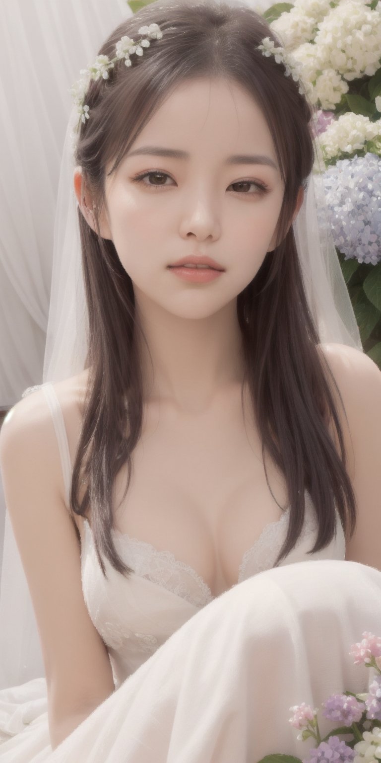 Surrealistic digital painting of a young woman with fair skin, 
White wedding dress, wedding photos,
curly fair hair, delicate facial features, enshrouded in a graceful, light pink fabric, slumbering among a plush hydrangea bed of pink and white blossoms, creating a dreamy, ethereal ambiance, palette consisting largely of pinks, whites, and lilacs, invoking a sense of serenity and tranquility, painterly strokes result in. A soft-focused portrait of a young woman with fair skin and curly brown hair with bangs, her delicate facial features illuminated by the gentle glow of a subtle pink fabric wrap. She slumbers amidst a plush hydrangea bed, where pink and white blossoms gently unfold, creating a dreamy, ethereal ambiance. Brushstrokes whisper whispers of pinks, whites, and lilacs, weaving a tapestry of serenity and tranquility. burlesque,shabby chic, fine art, epic, Boho gypsy, marquise, duchesse, dark fantasy.
White wedding dress, wedding photos,