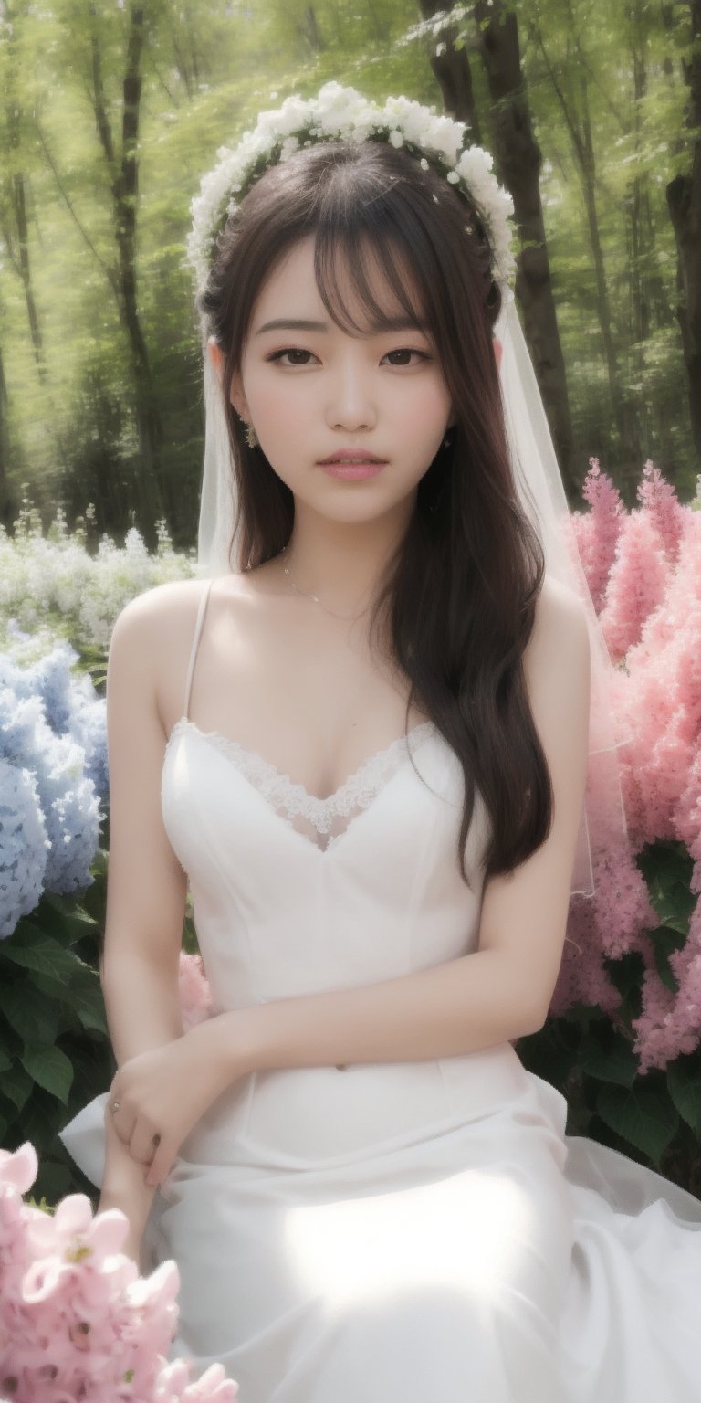 Surrealistic digital painting of a young woman with fair skin, 
White wedding dress, wedding photos,
curly fair hair, delicate facial features, enshrouded in a graceful, light pink fabric, slumbering among a plush hydrangea bed of pink and white blossoms, creating a dreamy, ethereal ambiance, palette consisting largely of pinks, whites, and lilacs, invoking a sense of serenity and tranquility, painterly strokes result in. A soft-focused portrait of a young woman with fair skin and curly brown hair with bangs, her delicate facial features illuminated by the gentle glow of a subtle pink fabric wrap. She slumbers amidst a plush hydrangea bed, where pink and white blossoms gently unfold, creating a dreamy, ethereal ambiance. Brushstrokes whisper whispers of pinks, whites, and lilacs, weaving a tapestry of serenity and tranquility. burlesque,shabby chic, fine art, epic, Boho gypsy, marquise, duchesse, dark fantasy.
White wedding dress, wedding photos,