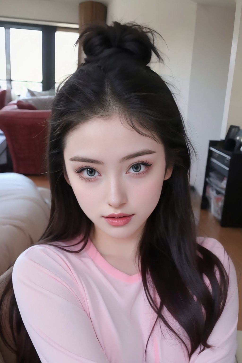 1girl, solo, long hair, looking at viewer, shirt, black hair, brown eyes, upper body, indoors, lips, forehead, realistic