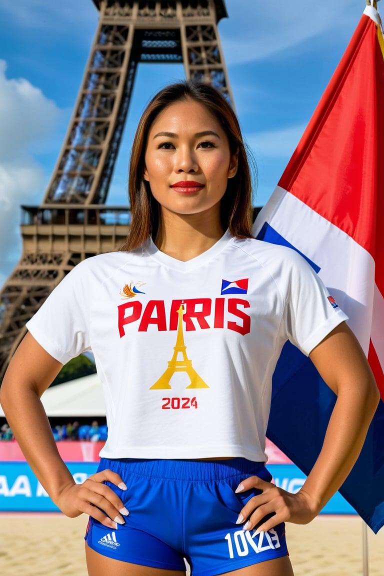 A Filipino female volleyball athlete proudly stands at attention within the Olympic stadium's volleyball court, the Philippine flag draped majestically behind her. The iconic Eiffel Tower rises majestically in the background, its iron latticework glistening under the bright lights. Her white t-shirt and blue sport shorts emblazoned with the PARIS 2024 text and Philippine flag emblem, she embodies national pride and athletic spirit.