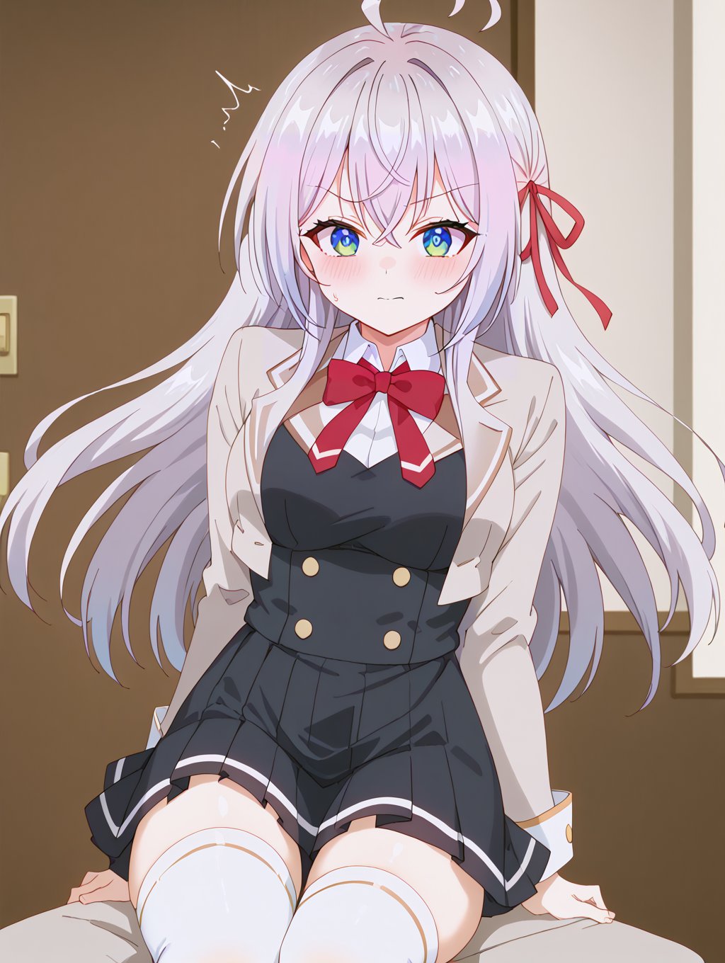 skirt, red ribbon, grey hair, ahoge, hair ribbon, blue eyes, bangs, long hair, blush, white thigh highs, alisa mikhailovna kujou, <lora:alisa-mikhailovna-kujou-alpha-pony, 5 fingers, beautiful hands, detailed hands, perfect hands, beautiful_female_fingers, downblouse, bed, girl on top, sitting, 1boy