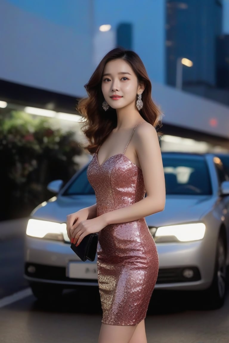 The Korean girl now fully dressed in her chosen half-cup dress and short skirt, walks confidently toward the waiting car. Her long legs are elegantly highlighted by the dress, and her high heels click rhythmically on the ground. She carries a chic, metallic clutch purse that complements her outfit, its subtle sheen catching the light and adding a touch of elegance. The outfit, adorned with sequins and sparkles, reflects her vibrant and stylish personality. As she approaches the sleek car parked outside, her composed and sophisticated demeanor is accentuated by the soft evening light. The scene captures her in a moment of graceful transition, ready for the night ahead. outside is a place with neon lights and signboards