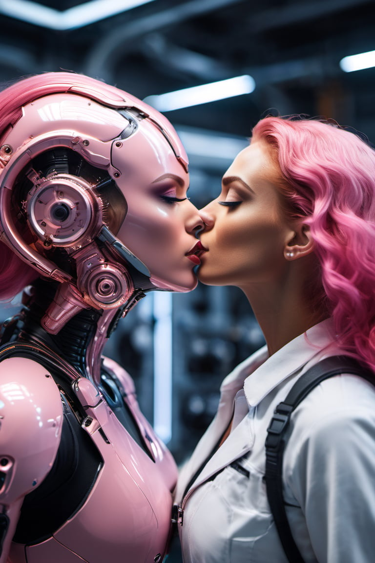 photography, a scientist is kissing a woman_cyborg in a workshop, long pink hair, young, intricate, sharp focus, professional, unreal engine, extremely detailed, cinematic lighting, aesthetics, detailed face