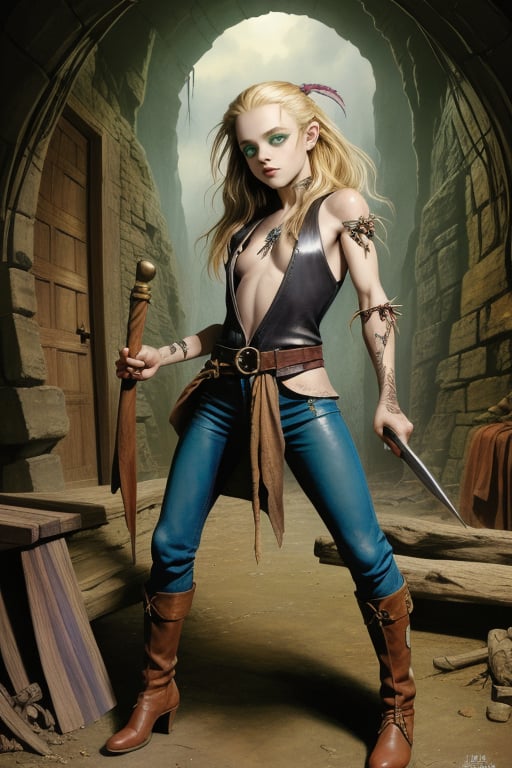 Full body art by Simon Bisley In the style of tim Burton, Carefree, female, magician in a dungeon, hobbit, small, ruddy skin, small eyes, [Green eyes], Blond hair, sharp nose and Jutting jaw, colorful clothing,  leather_clothes