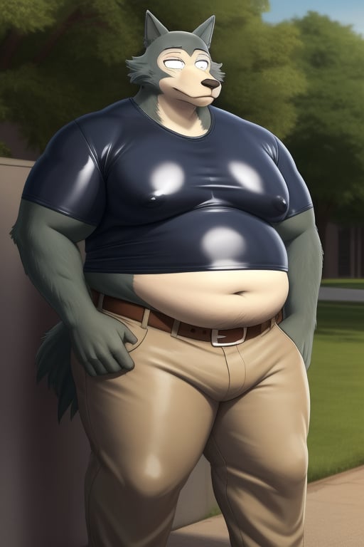 male, anthro_wolf, solo, legoshi_(beastars), obese, three hundred lbs, outgrown clothes, chunky, fat, gained weight, fat pectorals, thick legs, round belly, belly overhang, growing belly, belly bulging out, pants, tight pants, belt, fat love handles, moobs, shiny latex shirt, tight shirt, black shirt, rubber, elastic shirt, horizontal creases between pectorals,  outside, college campus, khakis, clearly defined eyes, high quality, fat thick arms, horizontal crease lines between pectorals, plump ass, Standing, Arms at sides, high quality, realistic proportions, double chin, fat face, fat cheeks, nipples, fat
rolls.