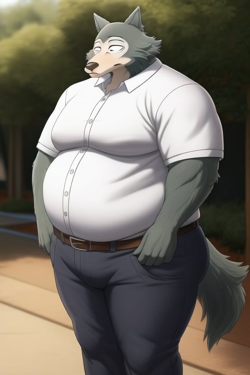 male, anthro_wolf, solo, legoshi_(beastars), morbidly obese, four hundred lbs, outgrown clothes, chunky, fat, gained weight, fat pectorals, thick legs, round belly, belly overhang, growing belly,tight clothing, belly bulging out, pants, tight pants, belt, fat love handles, moobs straining shirt, outside, college campus, tight shirt, blue shirt, elastic shirt, shirt tucked under pants,khakis, clearly defined eyes, high quality, fat thick arms, horizontal crease lines between pectorals, plump ass, Standing, Arms at sides, high quality, small black pupils no eyelids, staring at camera, realistic proportions, double chin, fat face, fat cheeks, nipples.