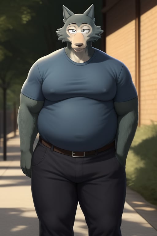 male, anthro_wolf, solo, legoshi_(beastars), morbidly obese, four hundred lbs, outgrown clothes, chunky, fat, gained weight, fat pectorals, thick legs, round belly, belly overhang, growing belly,tight clothing, belly bulging out, pants, tight pants, belt, fat love handles, moobs straining shirt, outside, college campus, tight shirt, blue shirt, elastic shirt, shirt tucked under pants,khakis, clearly defined eyes, high quality, fat thick arms, horizontal crease lines between pectorals, plump ass, Standing, Arms at sides, high quality, small black pupils no eyelids, staring at camera, realistic proportions, double chin, fat face, fat cheeks, nipples.