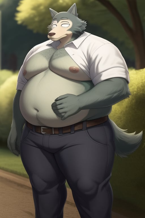 male, anthro_wolf, solo, legoshi_(beastars), obese, three hundred lbs, outgrown clothes, chunky, fat, gained weight, fat pectorals, thick legs, round belly, belly overhang, growing belly, belly bulging out, pants, tight pants, belt, fat love handles, moobs, shirtless, outside, college campus, khakis, clearly defined eyes, high quality, fat thick arms, horizontal crease lines between pectorals, plump ass, Standing, Arms at sides, high quality, realistic proportions, double chin, fat face, fat cheeks, nipples, fat
rolls.