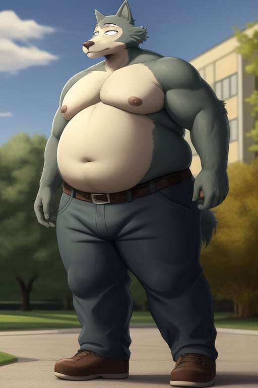 male, anthro_wolf, solo, legoshi_(beastars), obese, three hundred lbs, outgrown clothes, chunky, fat, gained weight, fat pectorals, thick legs, round belly, belly overhang, growing belly, belly bulging out, pants, tight pants, belt, fat love handles, moobs, shirtless, outside, college campus, khakis, clearly defined eyes, high quality, fat thick arms, horizontal crease lines between pectorals, plump ass, Standing, Arms at sides, high quality, realistic proportions, double chin, fat face, fat cheeks, nipples, belly
rolls.