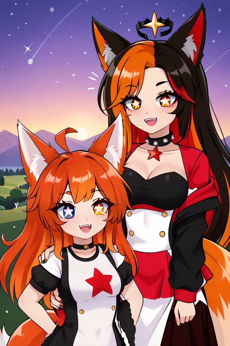 (masterpiece,  best quality,  ultra-detailed,  8K),2girls,multiple girls,ShadDGray(multicolored hair(renorange),large fox ears AND NuggetMeowVT(multicolored hair(browncoffe),star-shape pupils),clothing,clothes,