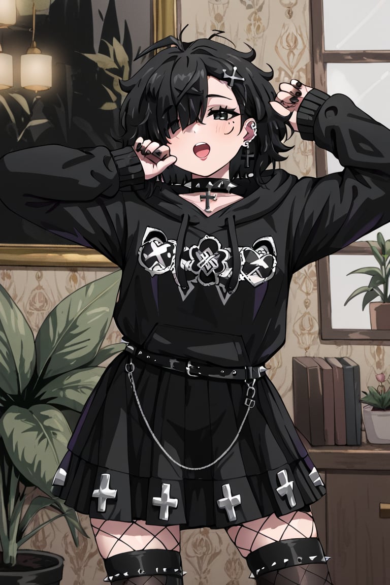 highly detailed, masterpiece, high quality, beautiful;
1girl, (Yuu,UraPan,UraBread,1.7, short hair, open mouth, bangs, skirt, black hair, messy hair, thighhighs, long sleeves, jewelry, pantyhose, cowboy shot, earrings, choker, hairclip, belt, hood, black skirt, nail polish, mole, hair over eyes, collar, mole under eye, hoodie, hood down, cross, x hair ornament, plant, ear piercing, fishnets, black nails, spikes, potted plant, black collar, black hoodie, spiked collar, cross earrings, gothic, spiked choker), bedroom,