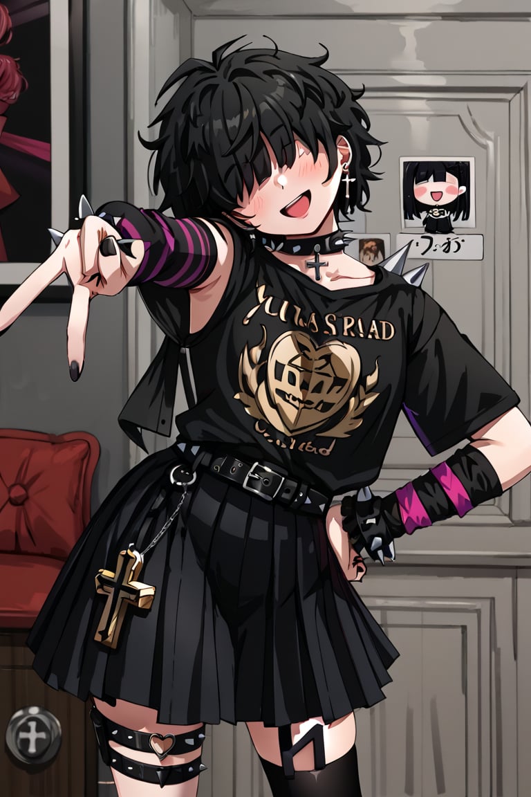 highly detailed, masterpiece, high quality, beautiful;
1girl, (Yuu,UraPan,UraBread,1.7, short hair, open mouth, black hair, hair over eyes, messy hair, blush, smile, open mouth, bangs, skirt, shirt, black hair, hair ornament, thighhighs, jewelry, standing, short sleeves, :d, cowboy shot, pleated skirt, earrings, detached sleeves, choker, belt, black thighhighs, black skirt, nail polish, collar, head tilt, hand on hip, black shirt, v, thigh strap, cross, single thighhigh, black nails, spikes, cross earrings, belt collar, profanity), 