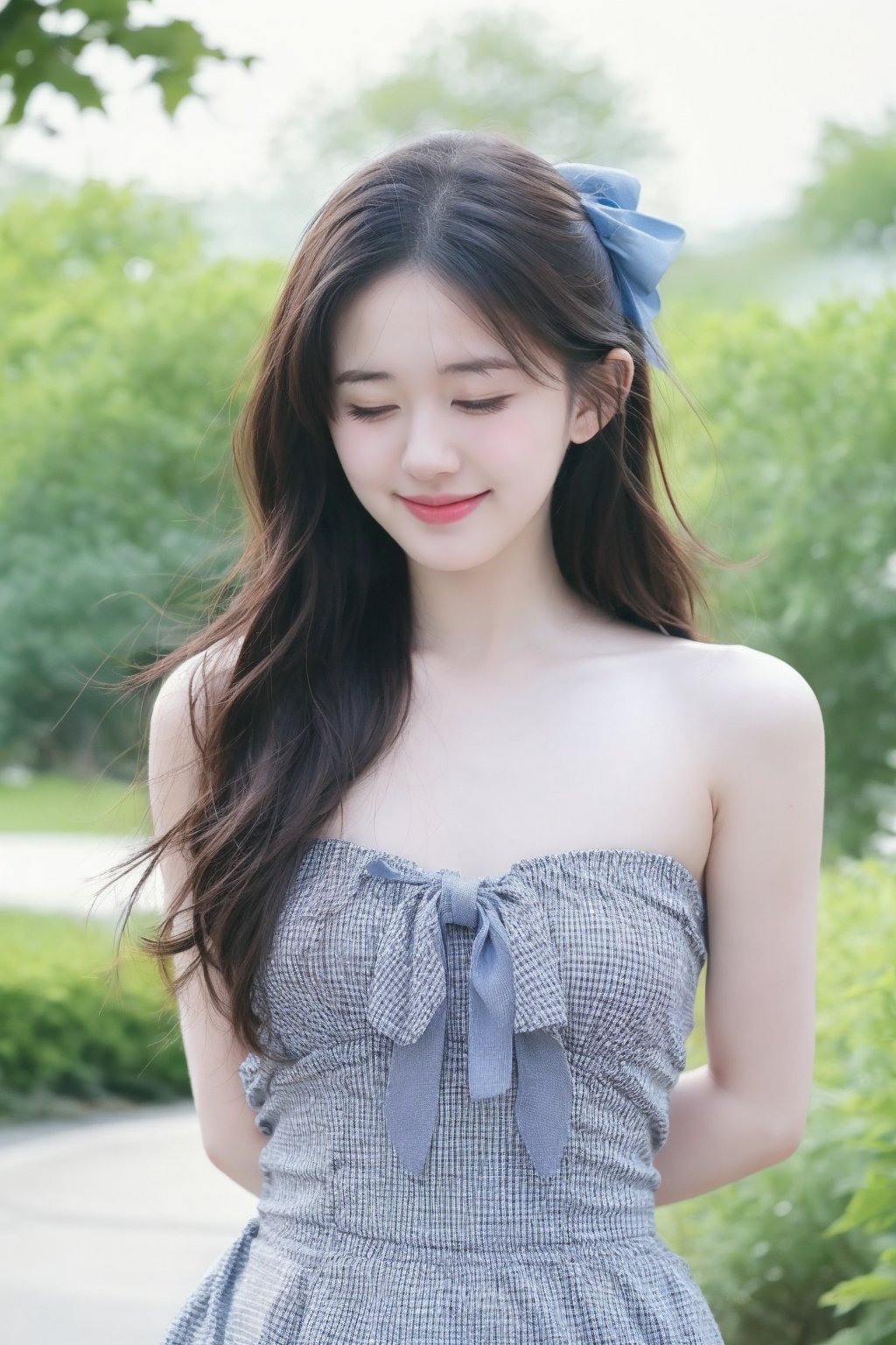 1girl, solo, long hair, smile, black hair, dress, bow, bare shoulders, closed eyes, outdoors, blurry, blurry background, blue dress, blue bow, arms behind back, realistic