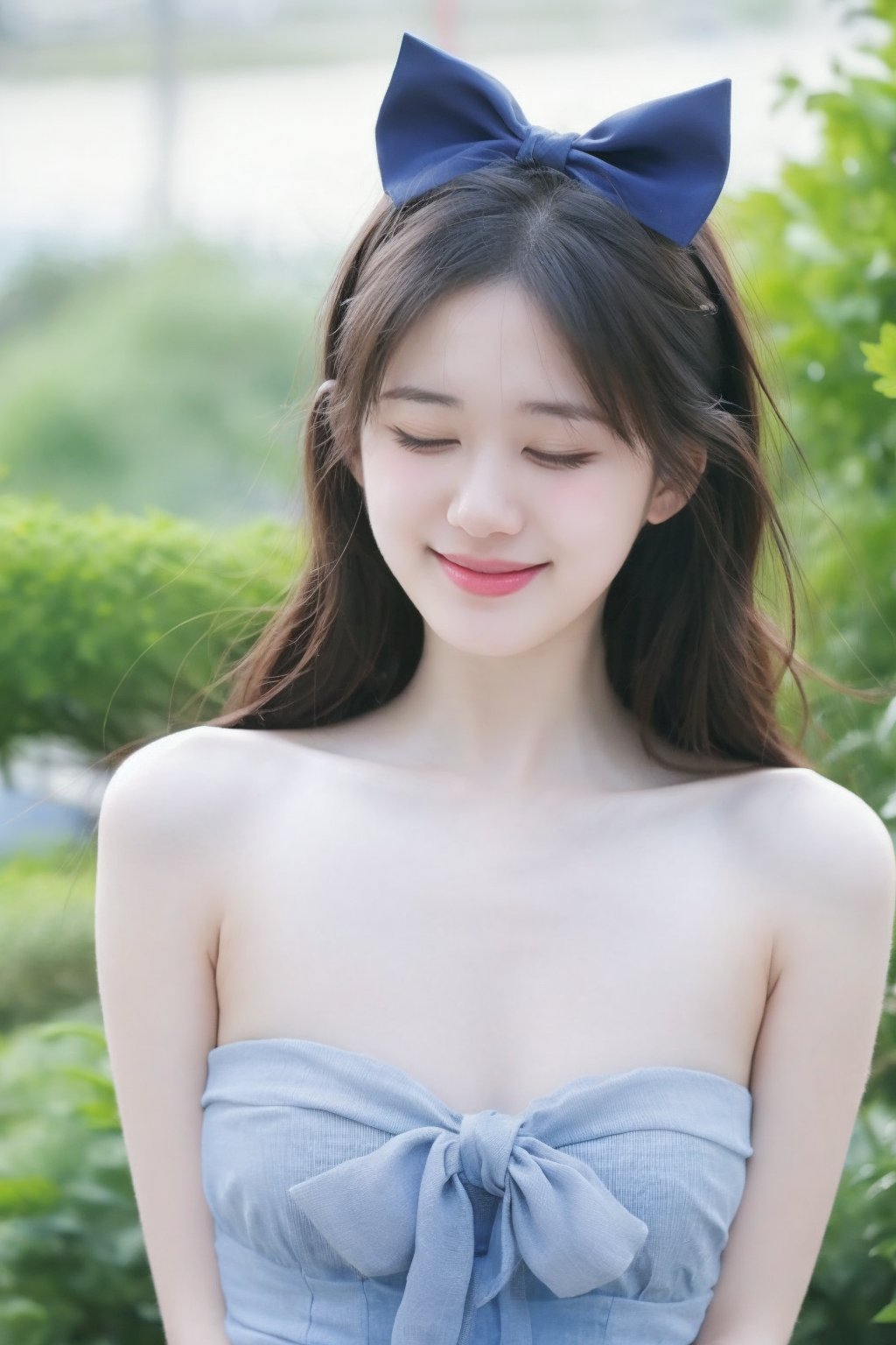 1girl, solo, long hair, smile, black hair, dress, bow, bare shoulders, closed eyes, outdoors, blurry, blurry background, blue dress, blue bow, arms behind back, realistic